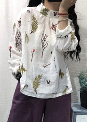 Women White Stand Collar Embroidered Linen Blouses Long Sleeve