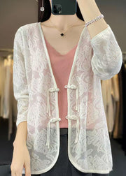 Women White V Neck Chinese Button Knit Cardigan Fall