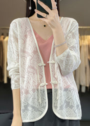 Women White V Neck Chinese Button Knit Cardigan Fall