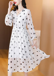 Women White V Neck Print Drawstring Chiffon Dress Lantern Sleeve