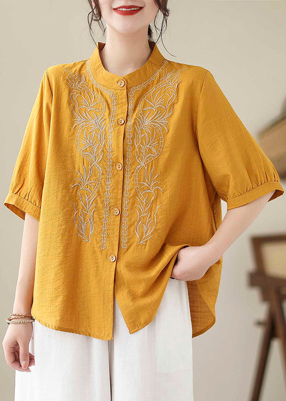 Women Yellow Embroideried Button Cotton T Shirt Short Sleeve