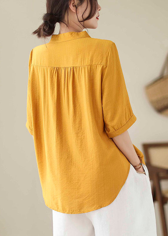 Women Yellow Embroideried Button Cotton T Shirt Short Sleeve