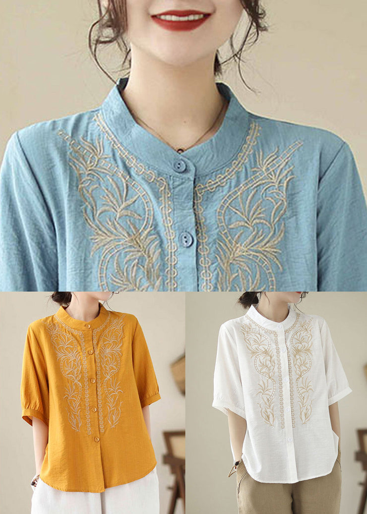 Women Yellow Embroideried Button Cotton T Shirt Short Sleeve