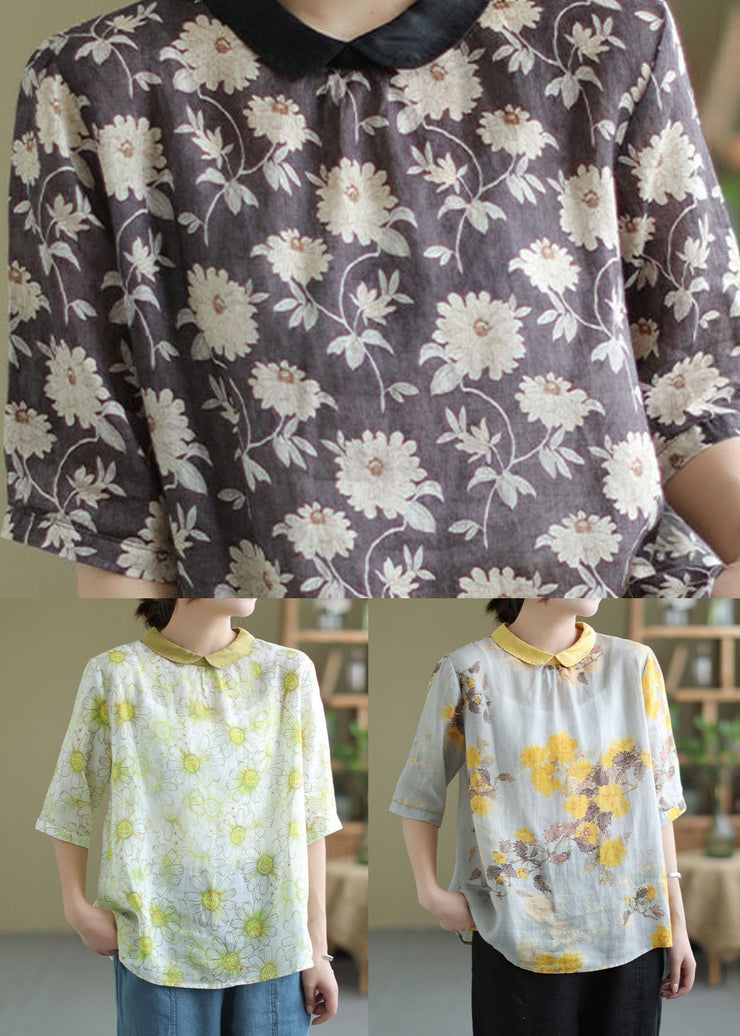 Women Yellow Peter Pan Collar Print Patchwork Linen Top Summer