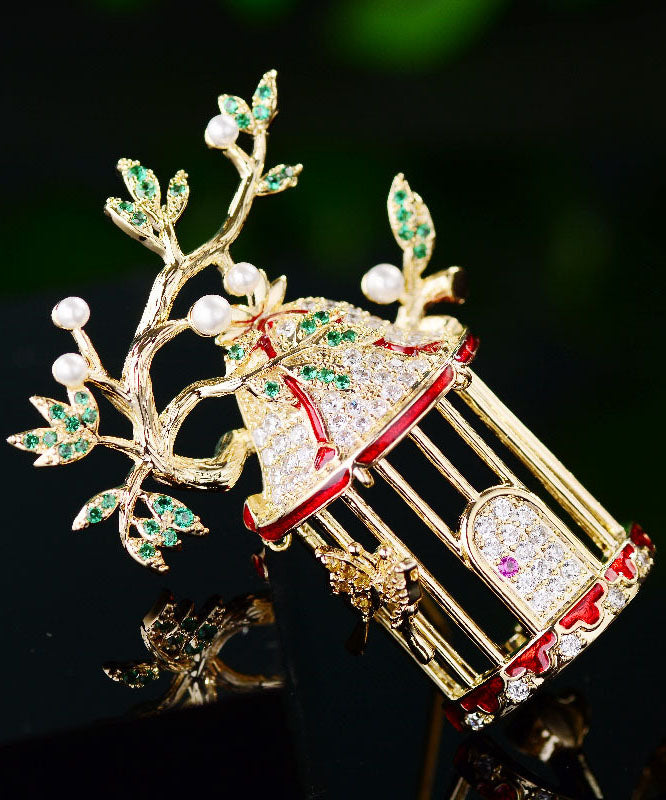 Women Yellow Zircon Crystal Pearl Bird Cage Brooches