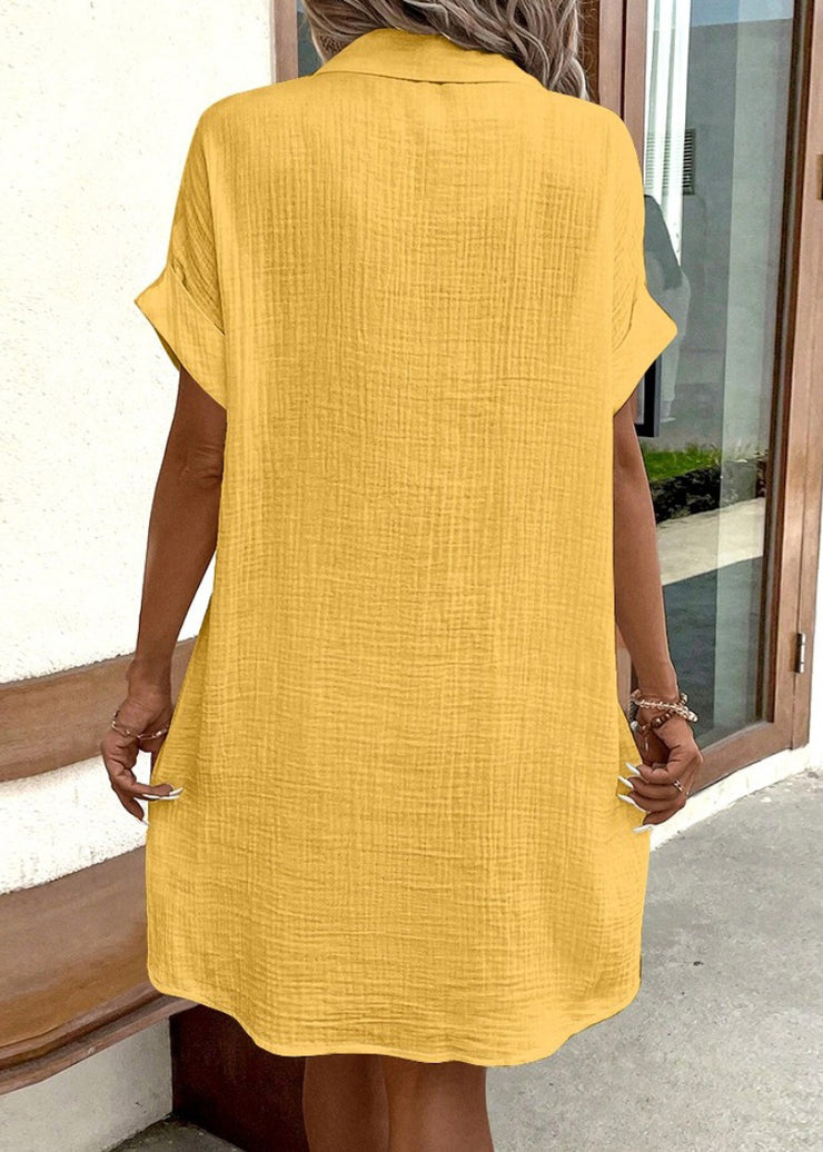 Yellow Button Solid Cotton Dress Peter Pan Collar Short Sleeve