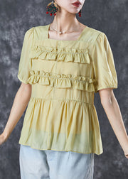 Yellow Cotton Shirts Square Collar Ruffled Summer