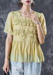 Yellow Cotton Shirts Square Collar Ruffled Summer