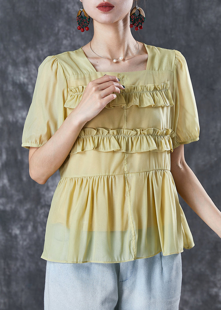 Yellow Cotton Shirts Square Collar Ruffled Summer