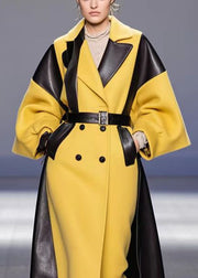 Yellow Patchwork Faux Leather Woolen Trench Double Breast Fall