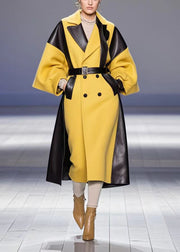 Yellow Patchwork Faux Leather Woolen Trench Double Breast Fall