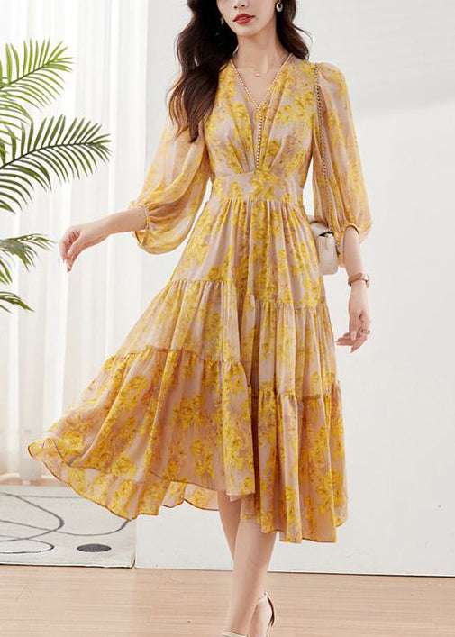 Yellow Print Chiffon Maxi Dresses Exra Large Hem Bracelet Sleeve