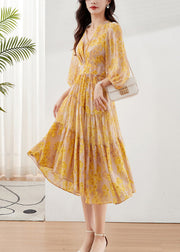 Yellow Print Chiffon Maxi Dresses Exra Large Hem Bracelet Sleeve