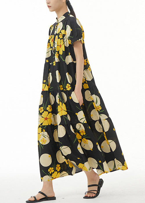 Yellow Print Loose Cotton Dress Stand Collar Summer