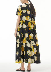 Yellow Print Loose Cotton Dress Stand Collar Summer