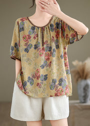 Yellow Print Loose Linen T Shirts O Neck Short Sleeve