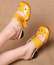 Yellow Splicing Floral Cowhide Leather Chunky Slide Sandals