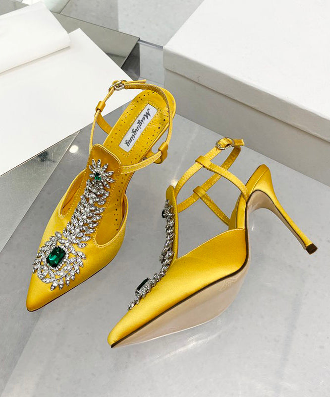 Yellow Zircon Boutique Splicing Stiletto Sandals Pointed Toe Hollow Out