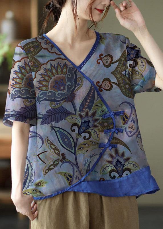 Simple Blue Print Ramie Oriental Summer Tops