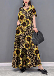 Beautiful Black flower O-Neck Print Pockets Long Dresses Short Sleeve