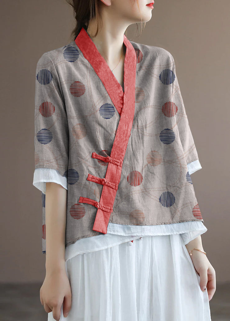 Chinese Style Lake Blue V Neck Double-deck Cotton Top Half Sleeve