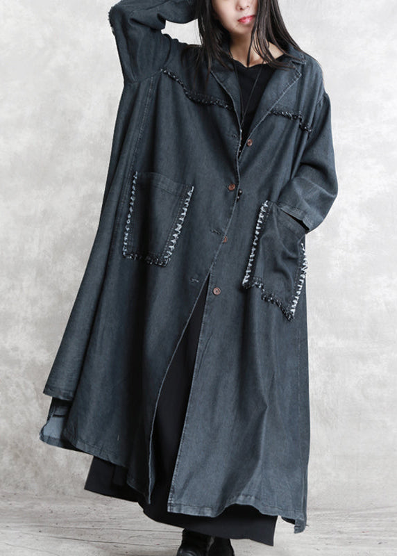 women black Winter coat oversized Notched pockets Elegant long sleeve denim patchwork long coats