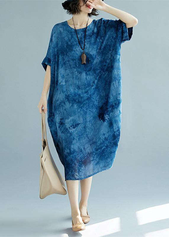 2019 blue long linen dress plus size O neck floral linen clothing dresses casual short sleeve baggy dresses linen caftans - SooLinen