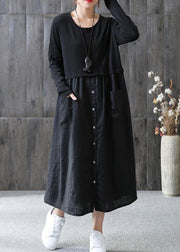 100% cotton Tunic Omychic Cotton Solid Spliced Female Long Sleeve Black Dress - SooLinen