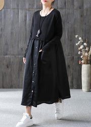 100% cotton Tunic Omychic Cotton Solid Spliced Female Long Sleeve Black Dress - SooLinen