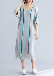 100% gray tassel cotton Tunic v neck loose Dresses - SooLinen