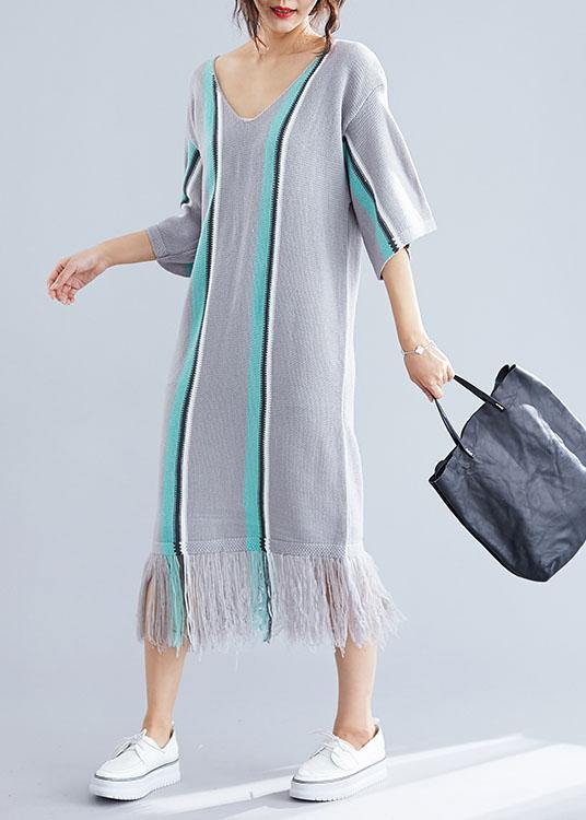 100% gray tassel cotton Tunic v neck loose Dresses - SooLinen