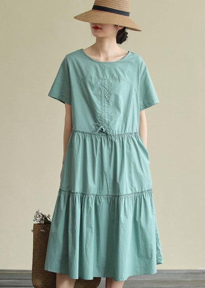 100% o neck drawstring cotton summerdresses Fabrics green Art Dresses - SooLinen