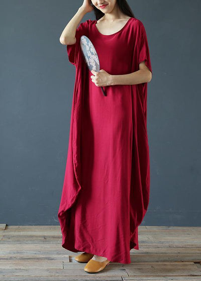 100% o neck exra large hem summer clothes Sleeve burgundy Maxi Dress - SooLinen