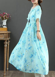 100% o neck Cinched linen summer dresses design blue print Dresses - SooLinen