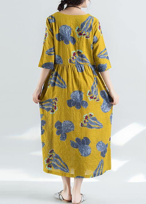 100% yellow prints linen dress Boho Catwalk high waist summer Dresses - SooLinen