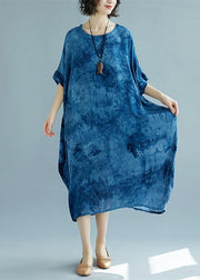 2019 blue long linen dress plus size O neck floral linen clothing dresses casual short sleeve baggy dresses linen caftans - SooLinen