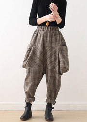 19 original design literary loose knitted brown plaid harem pants - SooLinen