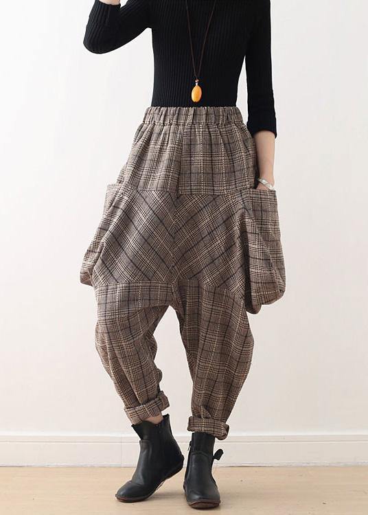 19 original design literary loose knitted brown plaid harem pants - SooLinen