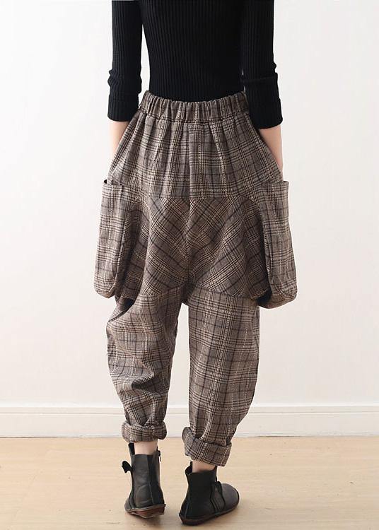 19 original design literary loose knitted brown plaid harem pants - SooLinen