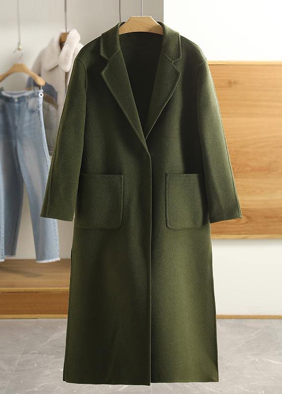 Luxury Army Green Wool Overcoat Casual Notched Pockets Winter Coat - SooLinen