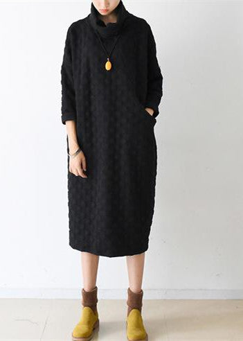 2024 autumn black cotton dresses long sleeve warm winter dress high neck caftans