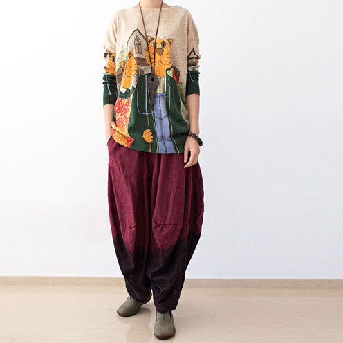 2024 autumn pants gradient burgundy linen pants loose harem pants