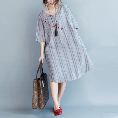 2018 light gray Plaid cotton linen dresses casual half sleeve pockets women o neck embroidery cotton linen clothing dresses - SooLinen