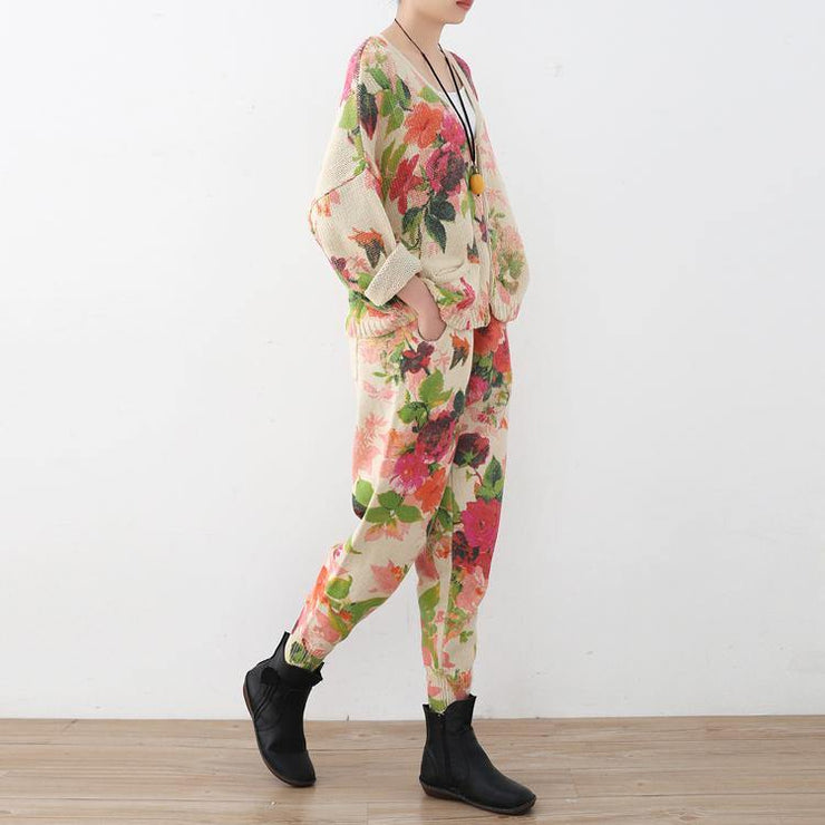 2018 spring new roses prints cute sweater and knit harem pants casual two pieces - SooLinen