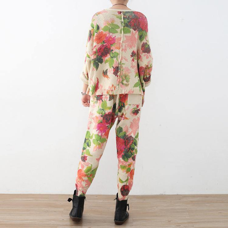 2018 spring new roses prints cute sweater and knit harem pants casual two pieces - SooLinen