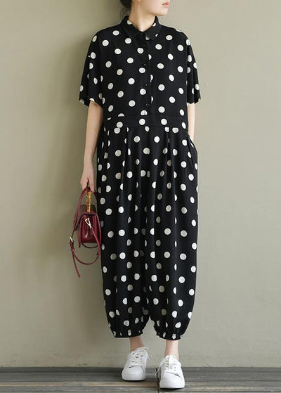 2019 Fine black dotted lapel half sleeve jumpsuit pants - SooLinen