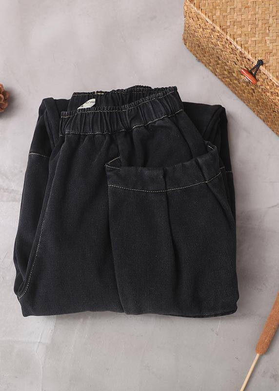 2019 winter black patchwork cotton pants two pockets thick denim pants - SooLinen