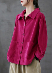 Purple Loose Pockets Shirt Top Long Sleeve Corduroy Coat