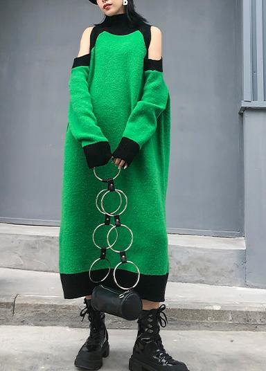 Aesthetic green Sweater Wardrobes DIY high neck Funny off the shoulder sweater dresses - SooLinen