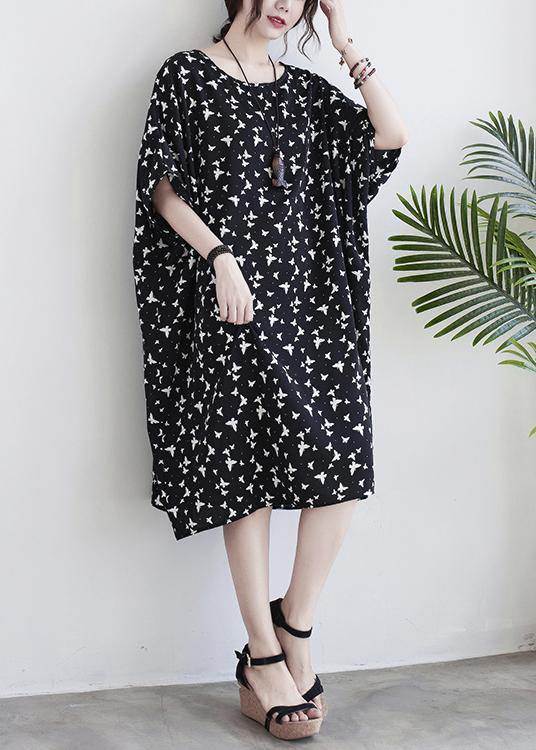 Art Black Butterfly Print Loose Spring Cotton Dress - SooLinen